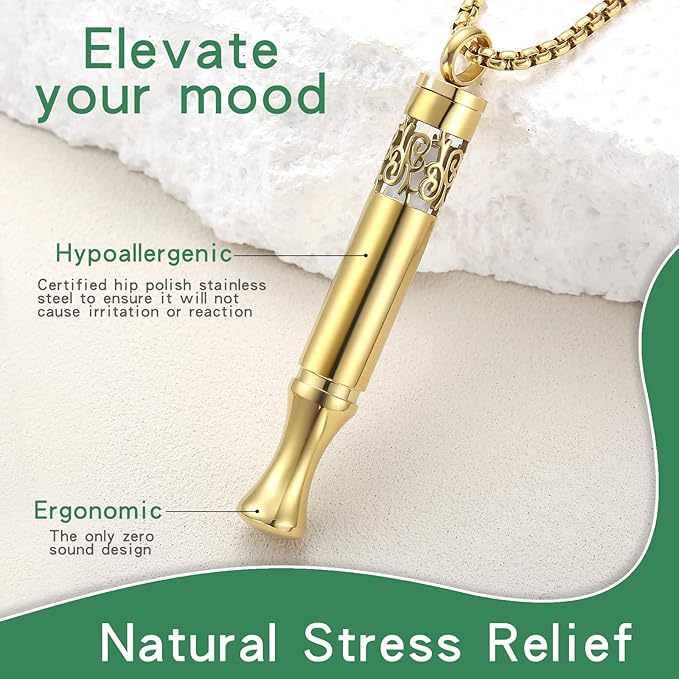Anxiety Relief Pendant Mindfulness Breathing Necklace - Essential Oil Diffuser & Personal Inhaler Aromatherapy Necklaces for Women & Men (Gold)