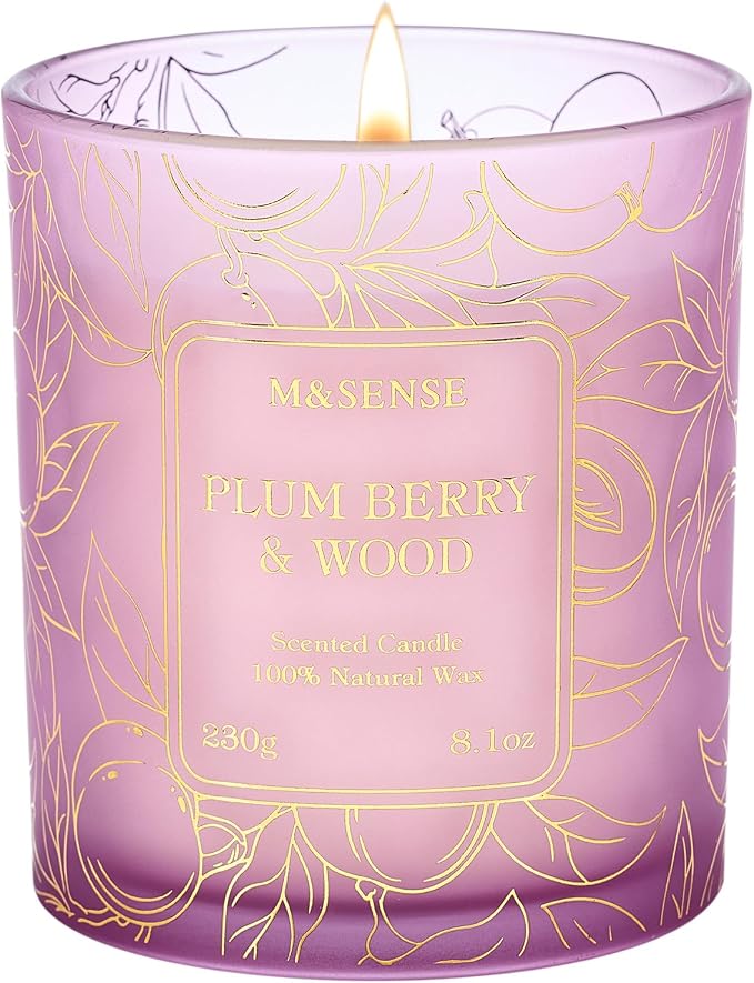 M&SENSE Plum Berries Wooden Scented Candles for Home, 8.1oz Natural Soy Candle No Toxic 42-Hour Long Lasting Burning, Stress Relief Aromatherapy Candle Gifts for Women