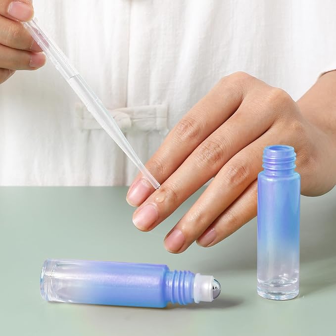 SESENSE Essential Oil Roller Bottles, 10ml Thick Glass Perfume Roller Bottles with Funnel Opener and Dropper Colored Glass Empty Bottles with Stainless Steel Roller Balls (Blue, 12 Pack)