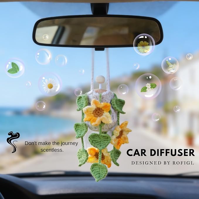 ROFIGL Handmade Crochet Hanging Car Air Freshener - Sunny Sunflower Design, 12ml Refillable Thick Glass Bottle, Car Diffuser for Rearview Mirror, Home & Office Cheerful Decor