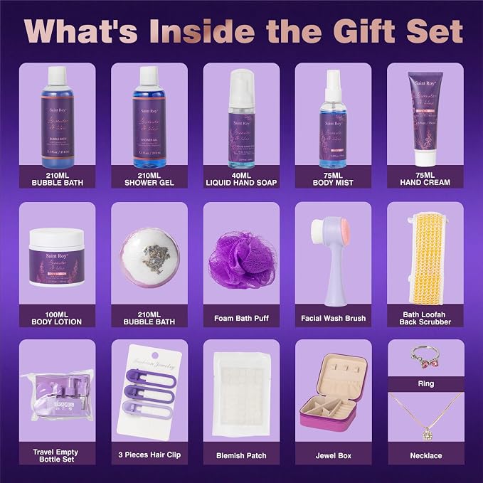 25Pcs Lavender Bath and Body Gift Basket, Hydrating Skin Care Kit, Spa Kit | Self-Care Set, Home Spa Basket set, Beauty Care Kit w/ Necklace, Birthday, Christmas, Mother Day, Anniversary, Bridal Shower