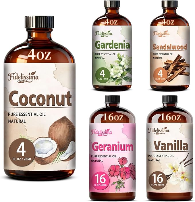 Fidelissima Natural Essential Oil Set,5 Scents Gift Kit –Coconut,Gardenia,Sandalwood,Geranium,Vanillaa,Fragrance Oil for Diffuser,Candle Soap Making,Personal Care with Glass Dropper