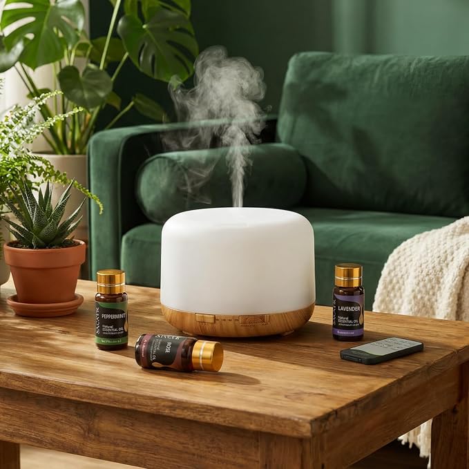 SACATR 500ML Aroma Diffuser for Home, Ultrasonic Quiet Essential Oil Diffuser with 36 Natural Oils, 15 LED Colors, Remote Control & Auto Shut-Off for Home Office Decor Gift