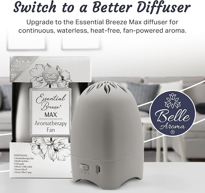 Belle Aroma Essential Breeze Max Aromatherapy Fan – Upgraded Dry Diffuser for Essential Oils or EVA Inserts – Battery or USB Powered – 30-Day Scent – No Water – for Desk, Travel, or Car - Linen