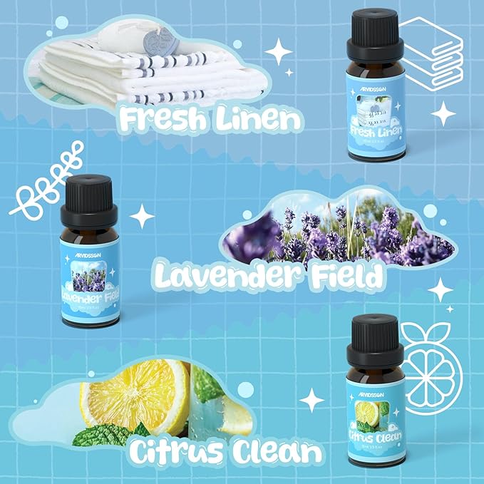 ARVIDSSON Laundry Collection Essential Oil Set, Natural Clean Essential Oils for Diffuser, Use with Wool Dryer Balls - Fresh Linen, Citrus Clean, Laundry Day, Chamomile Bliss, Lavender Field, Minty