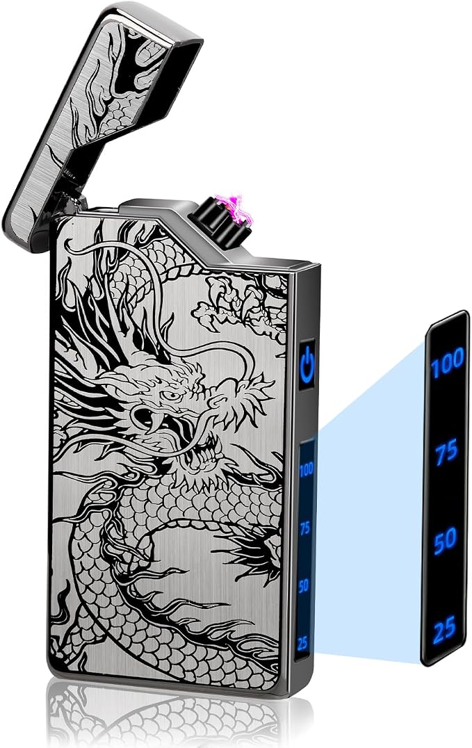 LcFun Electric Lighter - USB Rechargeable, Dual Arc Plasma Lighter, Windproof Flameless Lighters, Electronic Lighters with LED Battery Indication Gifts for Men Boyfriend Husband (Dragon Black)