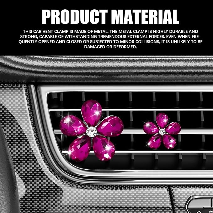 5PCS Bling Daisy Flower Car Air Vent Clips, Car Diffuser Vent Clip, Sparkling Crystal Rhinestone Cute Auto Air Conditioning Clamp, Diamond Air Outlet Clip Decor for Women Girls (Rose Red)