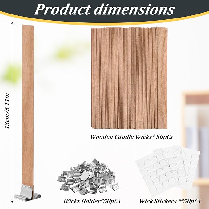 50 Sets Wood Candle Wicks, Thickened Cherry Wood Candle Wicks for Candle Making with Wick Trimmer, Stand & Glue, 5.1 Inches, Long Lasting Flame, Easy to Burn