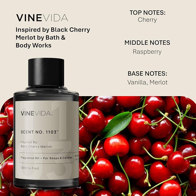 VINEVIDA; Black Cherry Merlot Fragrance Oil for Candle Making & Soap Making, Perfume Oils, Soy Wax Scents, Bath Bombs, Kitchen, Lotion Car Freshies, Diffuser, Room Spray, Laundry 4 Fl Oz (Pack of 1)