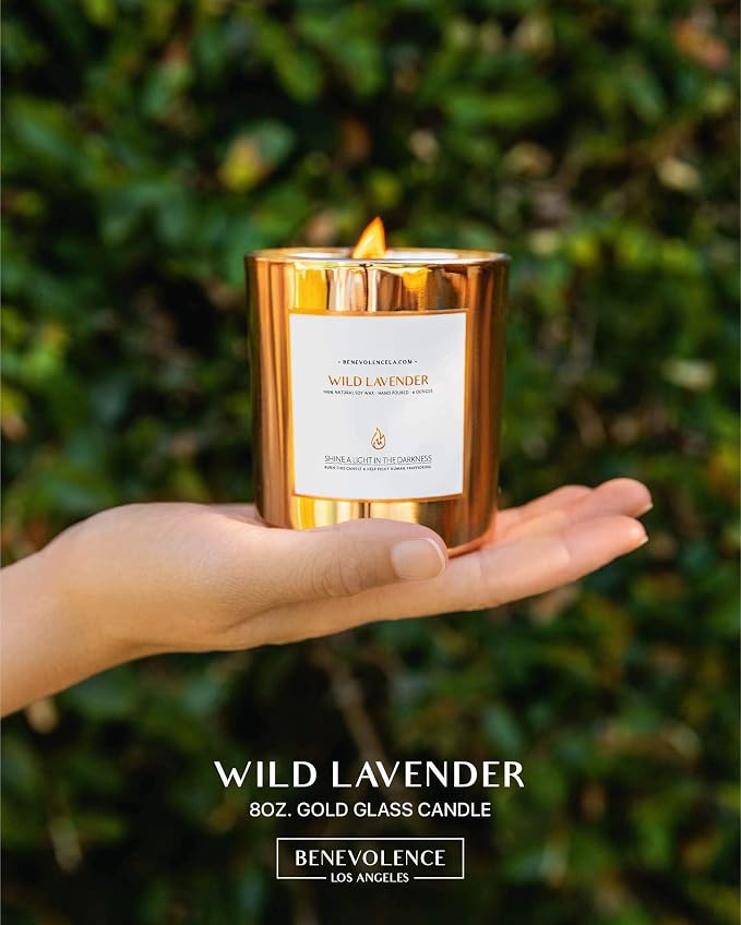 Benevolence LA Premium Wild Lavender Scented Candle – Long-Lasting, 45-Hour Burn – Luxury Natural Soy Wood Wick Candle for Home – Aromatherapy & Room Decor – 8oz