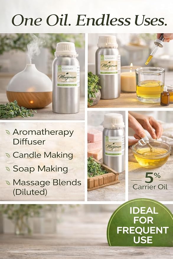 Marjoram Essential Oil 16 fl oz (473 ml) – 100% Pure & Undiluted Origanum majorana – Bulk Aromatherapy Oil for Diffuser, Massage, Soap & Candle Making – Aluminum Bottle w/Plug Cap – GreenHealth