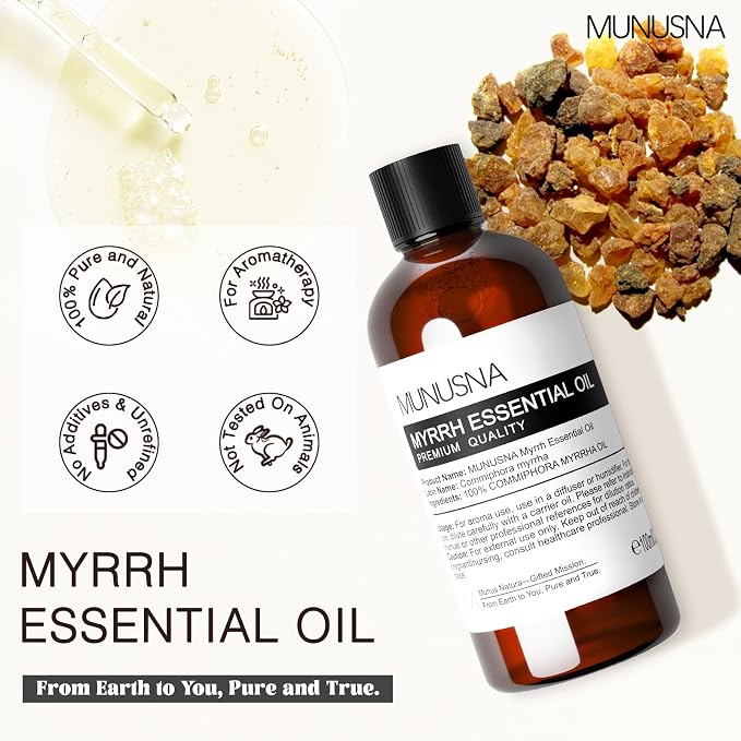 Myrrh Essential Oil 100ML, 100% Pure and Natural Myrrh Oils Aromatherapy Oil for Diffuser, Skin Care, Massage, Yoga, Home, Soap and Candle Making