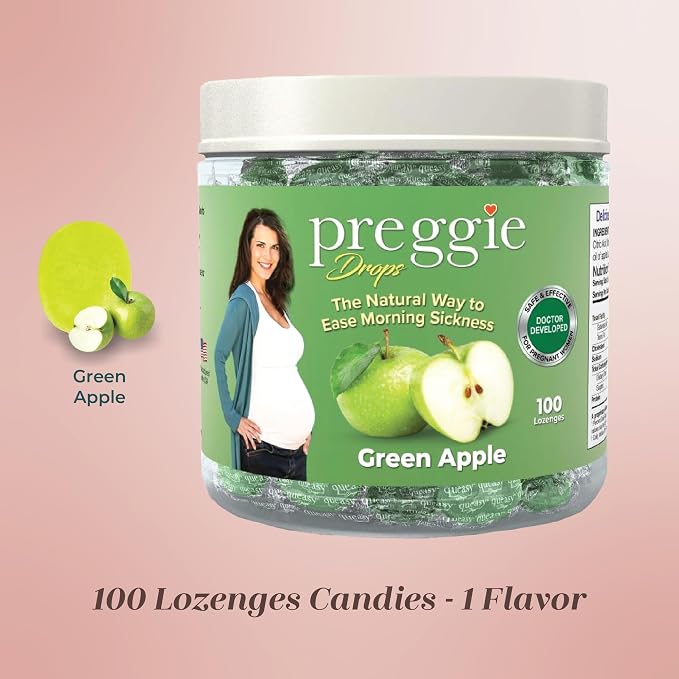 Three Lollies Preggie Drops Pregnancy Nausea Relief Drops with Essential Oils, Morning Sickness and Queasy Stomach Support for Pregnant Women, Green Apple, 100 Count