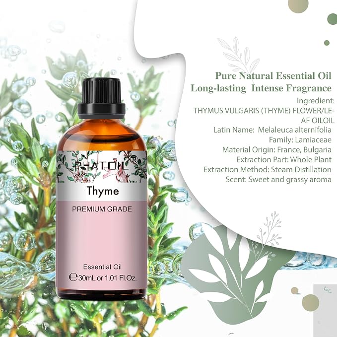 Thyme Essential Oil, 1.01Fl.Oz (30ML) PHATOIL Pure Essential Oil Singles for Aromatherapy Diffusers, Humidifiers, Great for DIY Candle and Soap Making, Gift for Friend