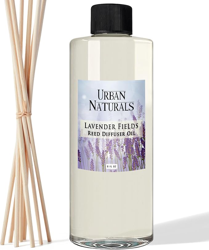 Urban Naturals Reed Diffuser Oil Refill Lavender Fields with Geranium, Clary Sage, Soft Florals 8 oz + Free Reed Sticks, Made in the USA
