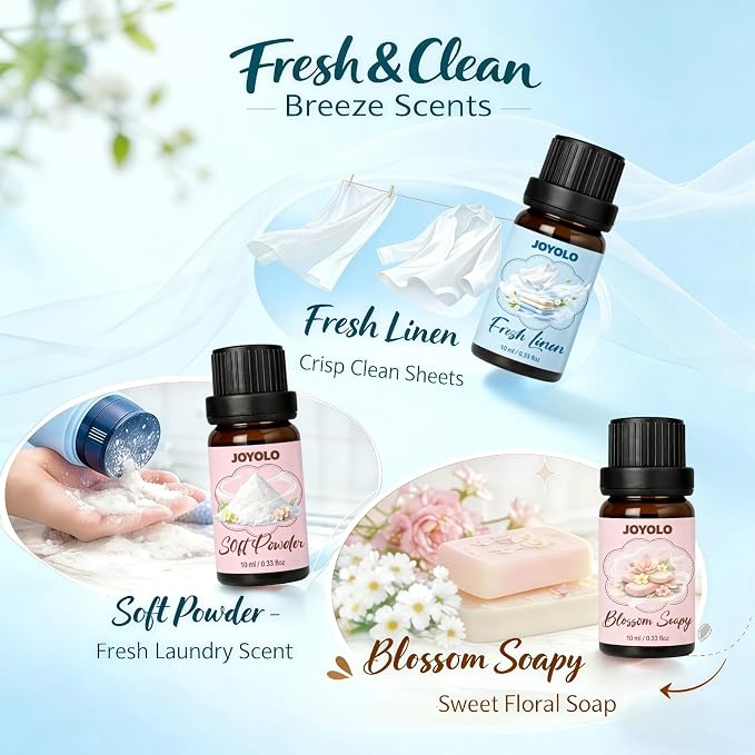 Essential Oil Diffuser & Essential Oils Set, Glass Aromatherapy Diffuser with 7 LED Colors, 6 Oils Gift Pack (Clean Home, Peppermint, Blossom Soapy, Soft Powder, Fresh Cotton, Fresh Linen)
