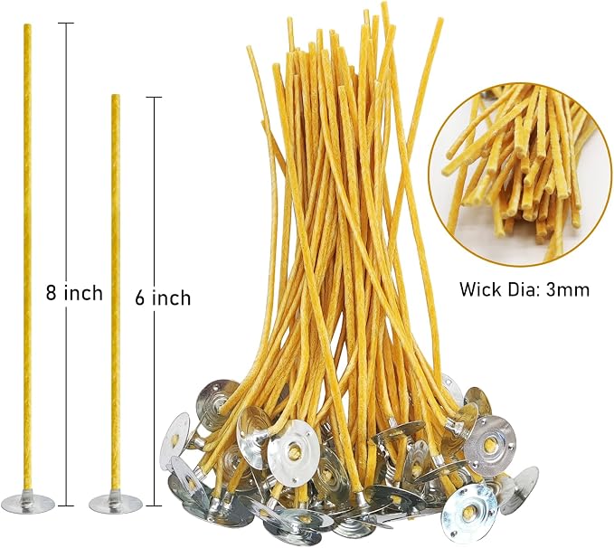50 Pcs 6" Natural Candle Wicks,Pre-Waxed by 100% Beeswax & Tabbed with 60Pcs Candle Wick Stickers and 5 Pcs Wooden Candle Wick Centering Device, for Candle Making，Candle DIY