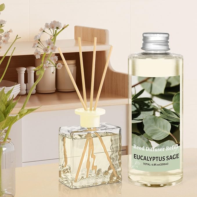 STRN Reed Diffuser Oil Refill, Eucalyptus Sage Scented Reed Diffuser Set, 6.8 fl.oz（200ml）, Reed Diffuser Refill for Summer Home Fragrance, Bedroom, Bathroom Office Home Decor