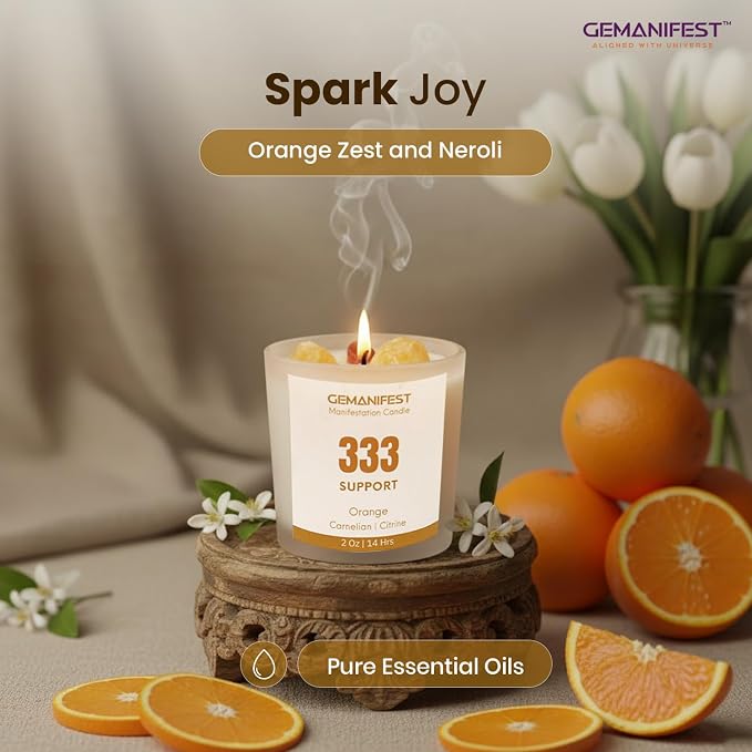 Angel Number 333 Manifestation Candle Crystal Infused Soy Wax with Citrine & Carnelian Orange Scented Spiritual Gift for Support Meditation Affirmation and Energy Alignment