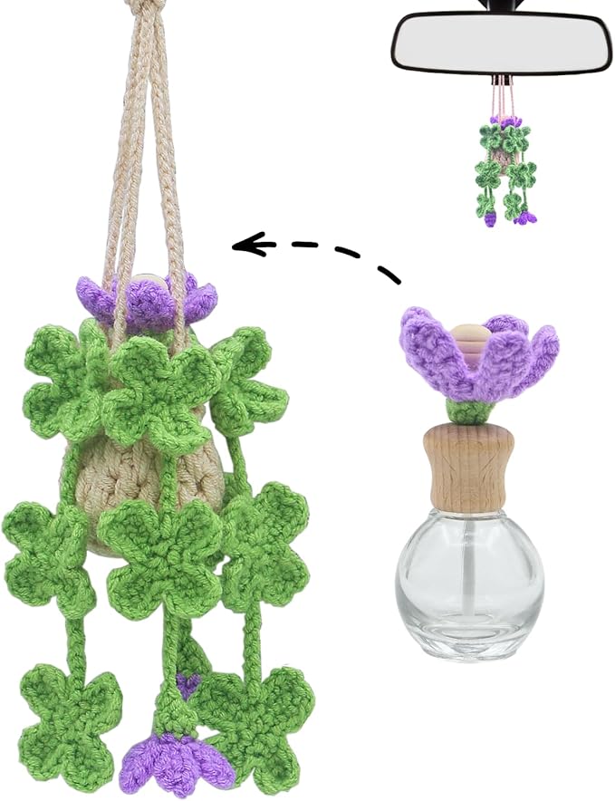 ROFIGL Handmade Crochet Hanging Car Air Freshener - Lucky 4-Leaf Clover Charm with 12ml Refillable Glass Essential Oil Diffuser Bottle, St. Patrick's Day Car Accessories & Bedroom Lucky Decor