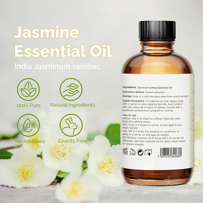 GM Gumili Jasmine Essential Oil 4 Oz, 100% Pure Jasmine Oil for Diffuser, Skin, Hair, Body & Face, Perfume, Floral Scent for Relaxation, Aromatherapy & Massage