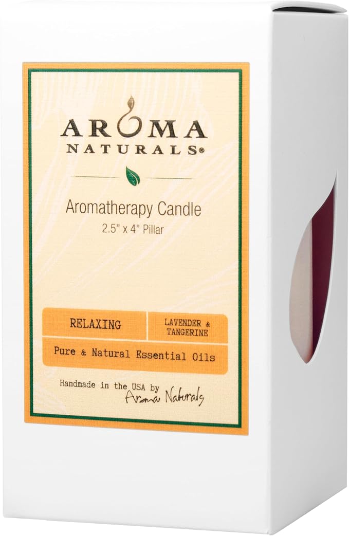 Aroma Naturals Lavender & Tangerine Essential Oil Scented Pillar Candle, Relaxing, 2.5 inch x 4 inch
