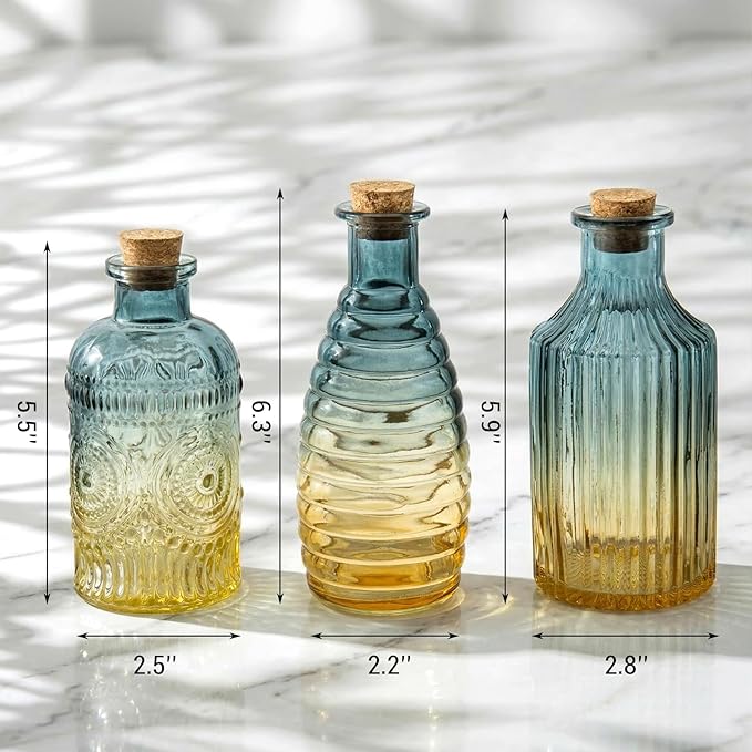 MyGift Small Blue Yellow Gradient Glass Reed Diffuser Bottles, Vintage Embossed Apothecary Style Flower Bud Vases with Cork Lids, Assorted Designs and Sizes, Set of 3