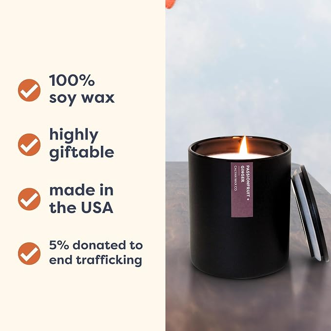 Calyan Wax Co. Passionfruit & Ginger Scented Candle - 75 Hour Burn - Luxury Clean Soy Wax Candles - Long Lasting Black Tumbler Jar Candle for Home - 10.2oz
