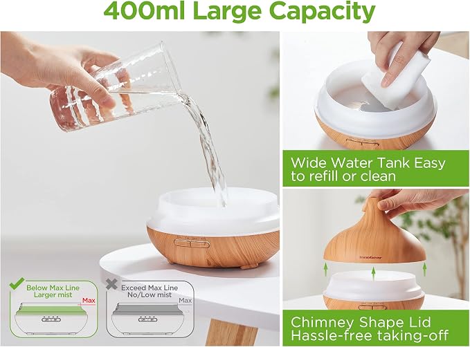InnoGear Aromatherapy Diffuser & 10 Essential Oils Set, 400ml Diffuser Ultrasonic Diffusers for Home Cool Mist Humidifier with 4 Timers 7 Colors Light Waterless Auto Off, Yellow Wood Grain