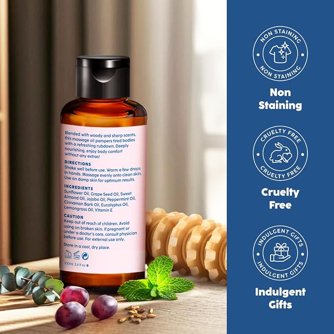 Kukka Soothe Massage Oil - Spa Quality Warming Massage Oil - Body Oils for Women & Men - Infused with Eucalyptus Oil, Peppermint Oil, Grapeseed Oil & Vitamin E Oil (3.4 fl oz)
