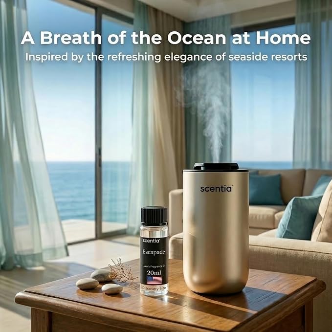 Scentia Escapade Aromatherapy Oil for Diffuser – Hotel Scent Inspired by 5-Star Resort – 20 mL – Jasmine, Bergamot & Marine Natural Fragrance Oil for Waterless & Cold Air Diffusers, Made in USA