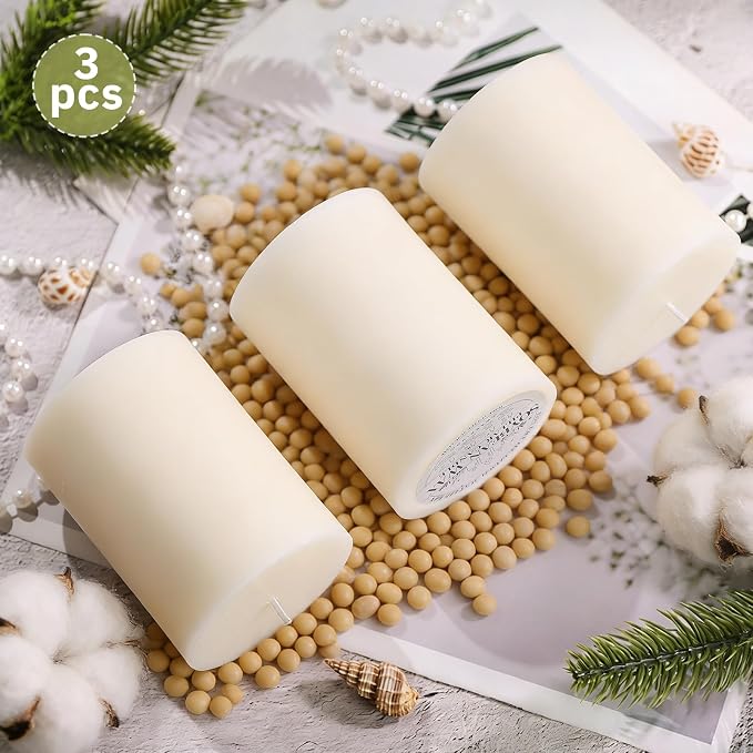 Soy Candles, Unscented White Soy Pillar Candles 3x4 Inch Non-Toxic Soybean Wax Candles 165H Long Burning Hand-Poured Pillar Candles for Wedding Table Home Decor, 3 Pack