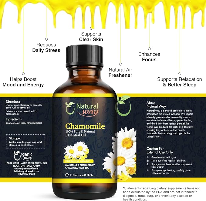 Chamomile Essential Oil | Pure Aromatherapy Oil for Diffusers, Hair Growth, Skin, Scalp Care, Massage | Refreshing Hair Oil for Women & Men | Natural Essential Oil for Diffuser | 4 Fl Oz (120 mL)