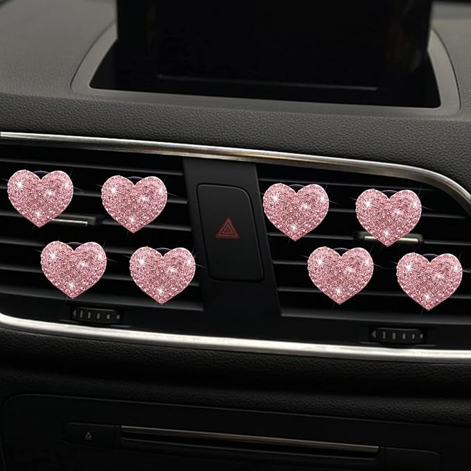 8-Pc Bling Heart Air Vent Clips, Crystal Heart Air Fresheners Vent Clip Rhinestone Car Decor - Cute Car Accessories for Women & Girls (Pink)