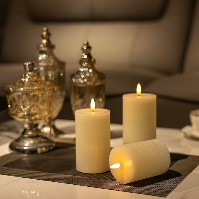 ANGELLOONG Ribbed Flameless Pillar Candles with Remote, Set of 3 Ivory Real Wax LED Candles Battery Operated with 2/4/6/8H Timer for Home Decor, Bathroom, Living Room