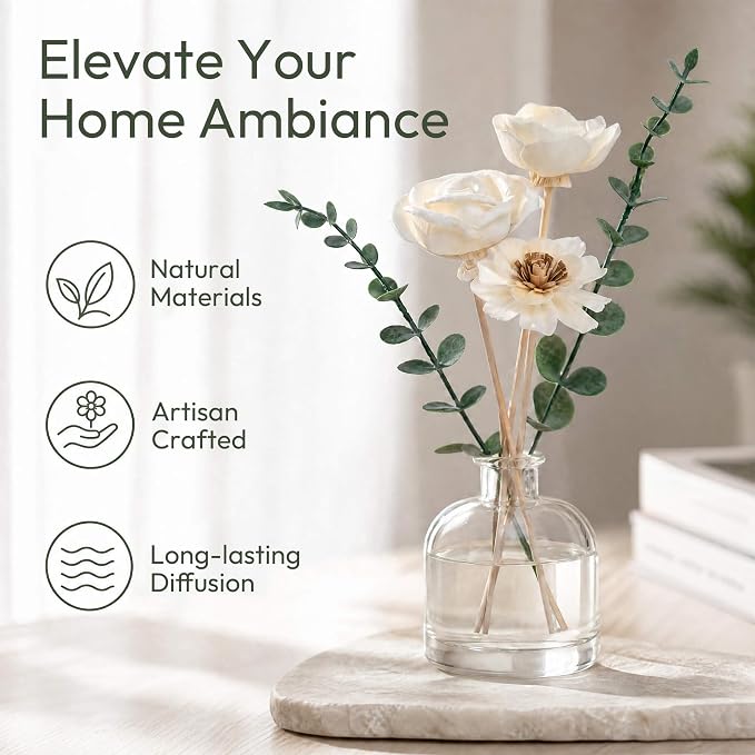 Flower Reed Diffuser Sticks Set of 12, Handmade Sola Wood Flowers with Faux Eucalyptus Stems, Reed Diffuser Sticks for Home Fragrance, Bathroom Aromatherapy & Decoration