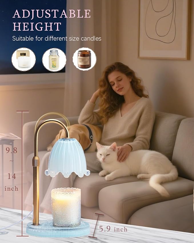 Flower Candle Warmer Lamp Glass Base with Timer & Dimmer, Mothers Day Birthday Gifts for Mom Women, Adjustable Floral Candles Warmer, Girly Wax Warmer New Home Office Decor (Blue-Flower)