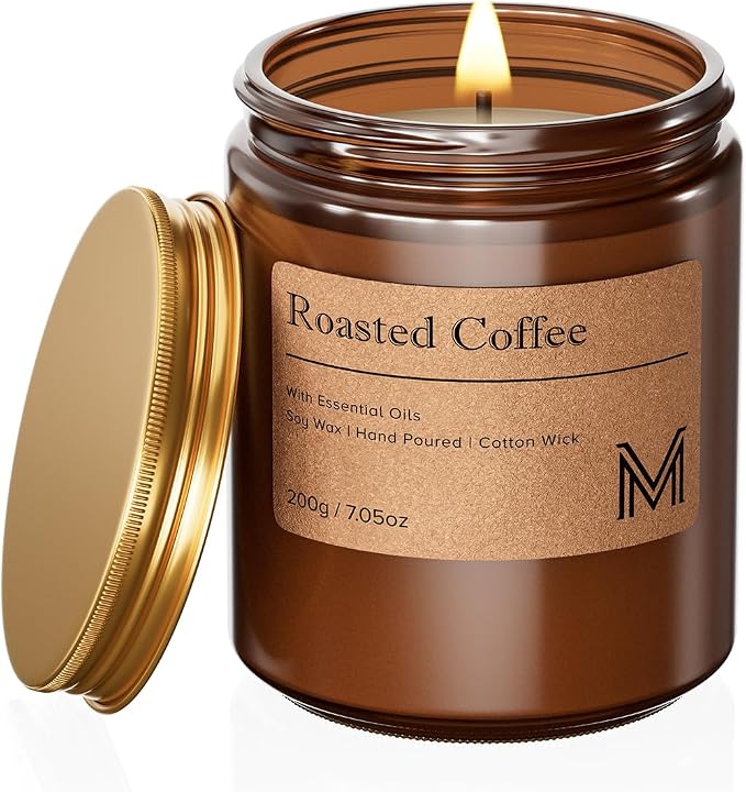 M&SENSE Roasted Coffee Scented Small Candle, 7.5Oz Aromatherapy Candle for Home Fragrance, Soy Wax Candles Gift for Birthday, Housewarming, Amber Jar Candle for Stress Relief, Meditation, Yoga