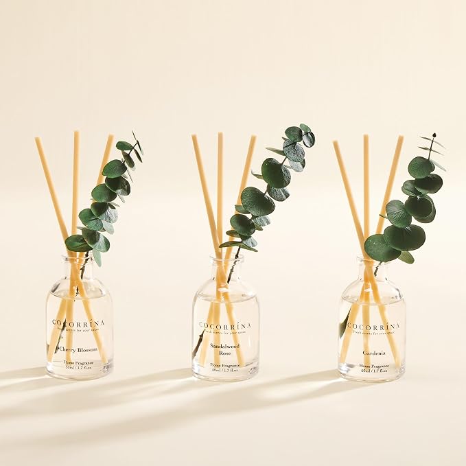 COCORRÍNA Eucalyptus Reed Diffuser Set of 3 - Sandalwood Rose, Cherry Blossom, Gardenia Scents, 1.7 fl oz Each, Total 5.1 oz, Scented Oil Diffusers for Home & Office