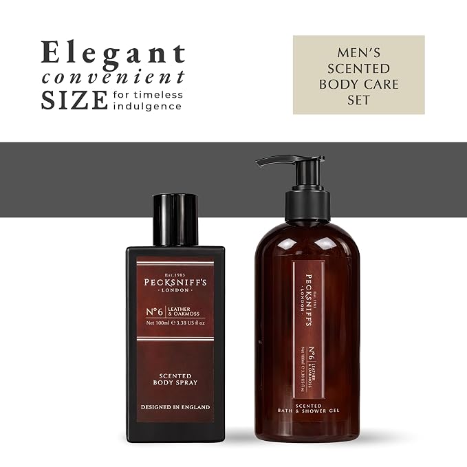 Pecksniff’s Men’s Body Duo Set – Leather & Oakmoss Scented Bath & Shower Gel 250ml & Body Spray 100ml – Luxury Grooming Gift Set for Him