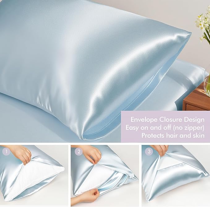 Vegan Silk Sleep Set – Satin Pillowcase, Eye Mask & Large Scrunchie for Hair and Skin – Frizz Free Beauty Sleep & Self Care Night Routine – Light Blue