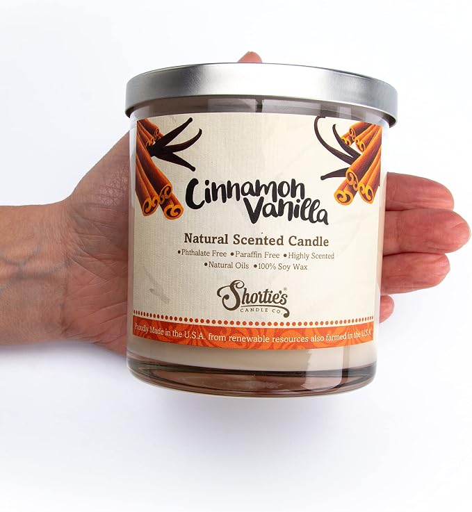 Cinnamon Vanilla Scented Natural Soy Candle, 9 Oz., Essential Fragrance Oils, 100% Soy, Phthalate & Paraben Free, Clean Burning