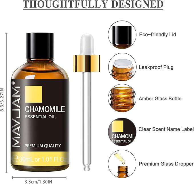 Chamomile Essential Oil, MAYJAM Premium Pure Essential Oils for Diffusers for Home and Office, 1.01FL.OZ/30ML Chamomile Oil for Massage, Diffuser, Candle Soap Making