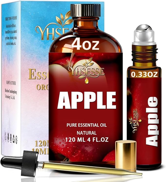 Apple Essential Oil, Apple Oil 4 Fl Oz 120ml for Diffuser Yoga Soap & Candle Making – with 0.33 Oz Roller Ball & Dropper YHSESSE Essential Oils