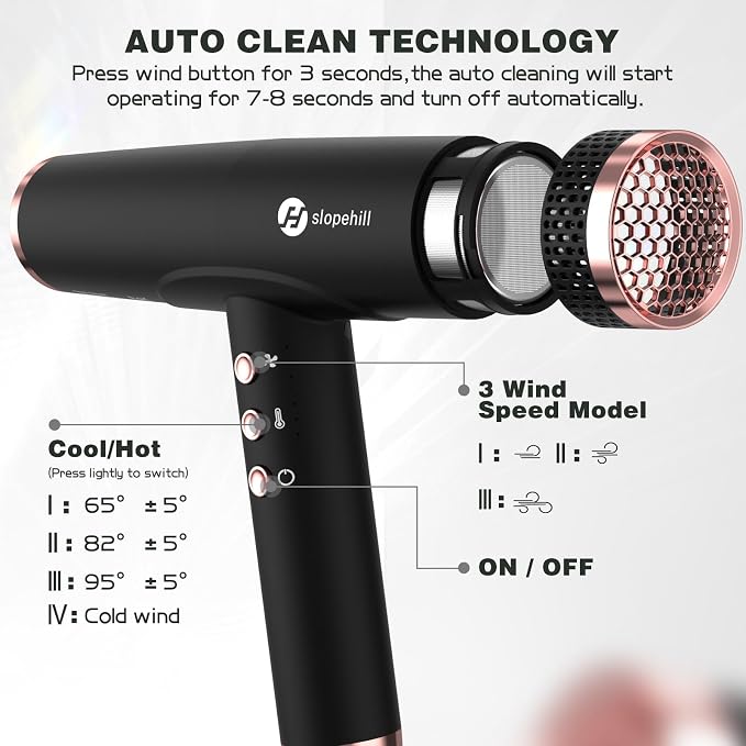 slopehill Professional Ionic Hair Dryer with Diffuser - Lightweight, Compact, Powerful & Fast Salon Blow Dryer with High Speed Brushless Motor for Travel, Women & Men Ceramic, Black
