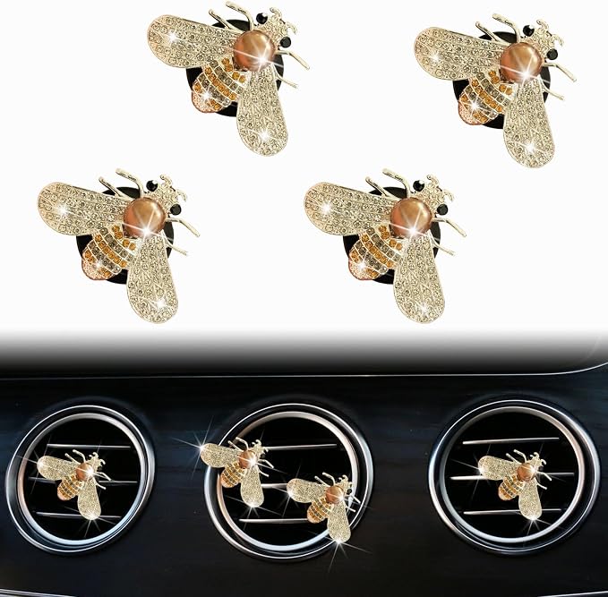 4 Pcs Bling Bee Air Vent Clips, Crystal Bee Car Air Fresheners + Sunflower Mask Hook