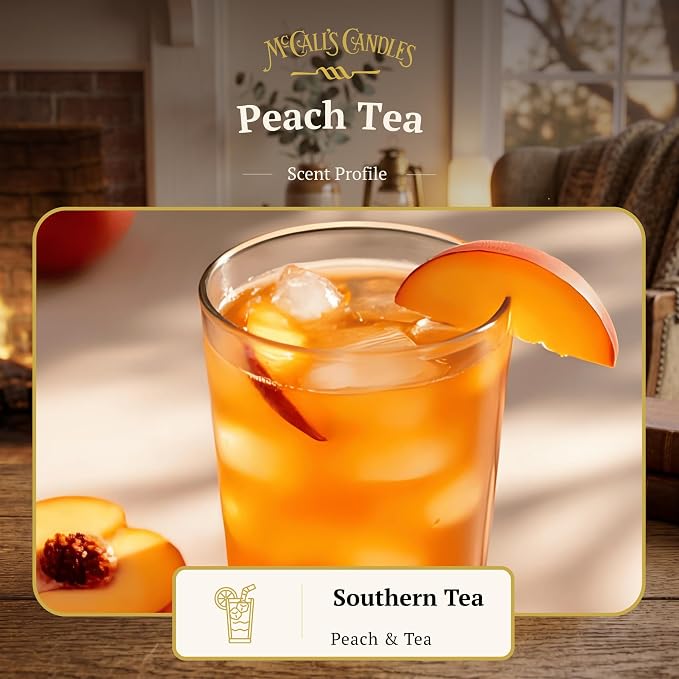 McCall’s Candles | Peach Tea | 26 oz Scented Candle | USA-Poured | Vintage Rustic Jar with Carrying Handle | Black Tea, Peach & Lemon Zest Fragrance
