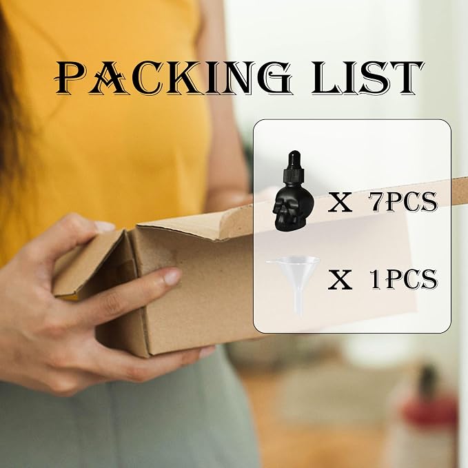 7 pcs Set 10ml Mini Skull Glass Dropper Bottle Leakproof Essential Oils Bottle for Storage and Travel (7pcs black skull bottle)