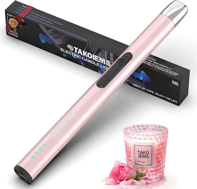 Candle Lighter Electric Updated with LED Battery Display Safety Switch, USB Rechargeable Lighter Flameless Windproof Arc Long Lighters for Candle Grill Fireworks Pink