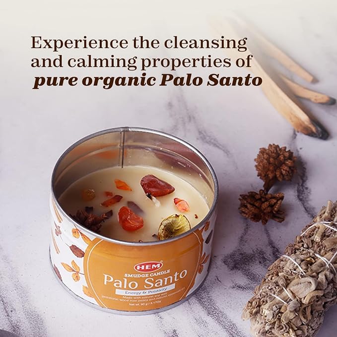 HEM Palo Santo Smudge Candle 3.2 oz Natural Soy Wax Candle with Real Crystals Inside | Long-Lasting 20 Hour Clean Burn | Home Cleansing, Meditation & Energy Purification